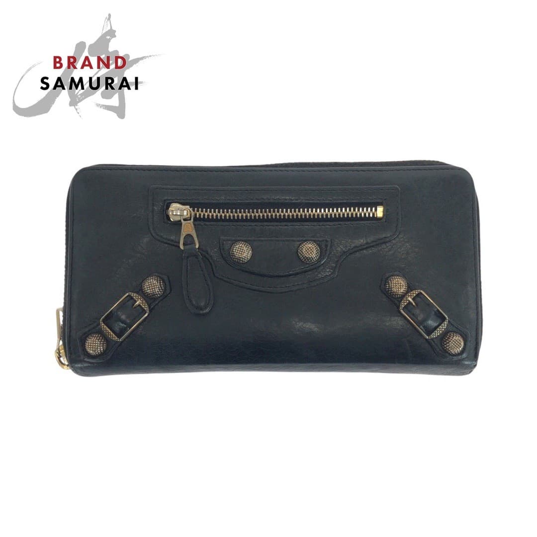 BALENCIAGA City Classic Continental Black Gold Hardware Leather 253053 Long