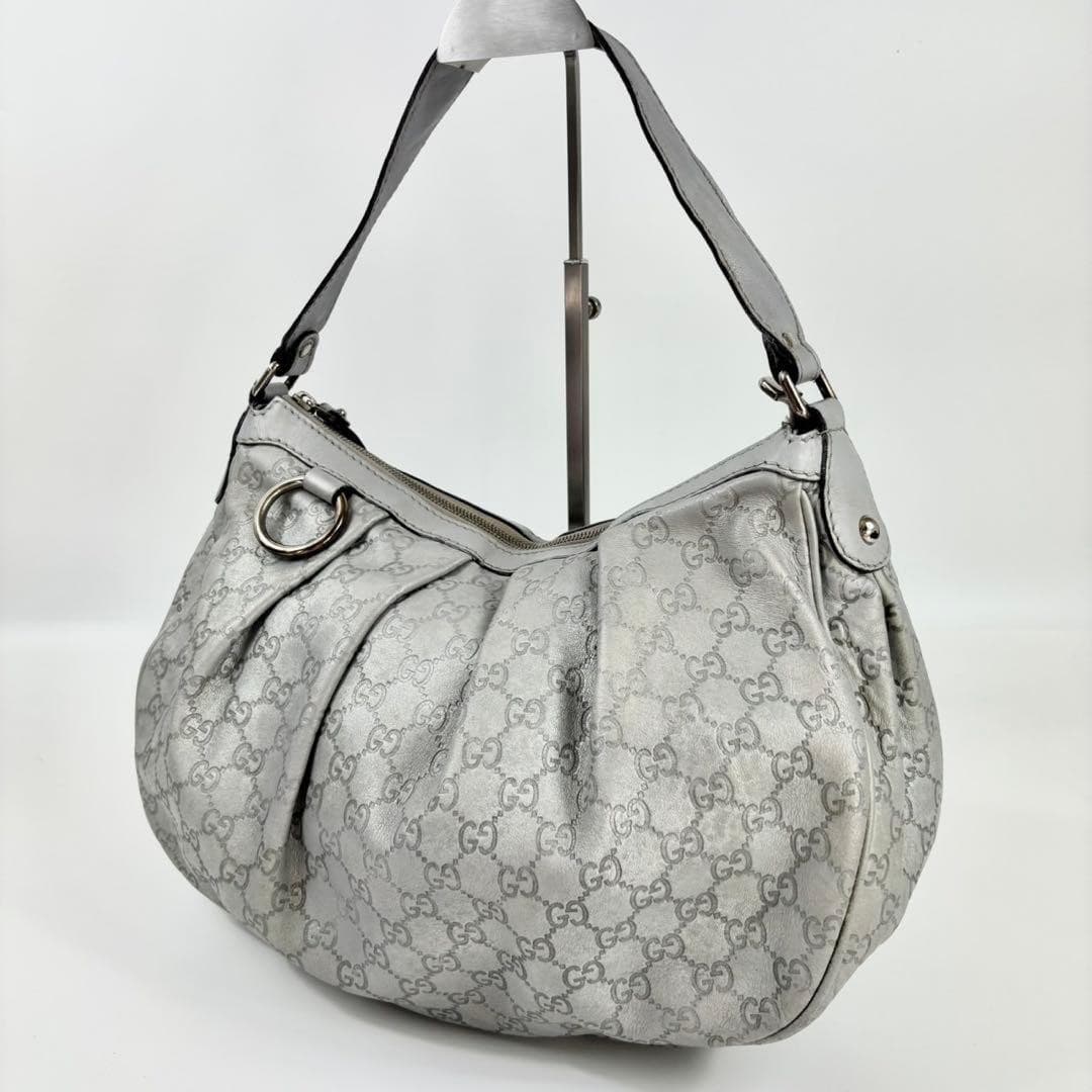 GUCCI Tote Bag Shoulder Bag Sookie GG Interlocking Leather Silver Authentic