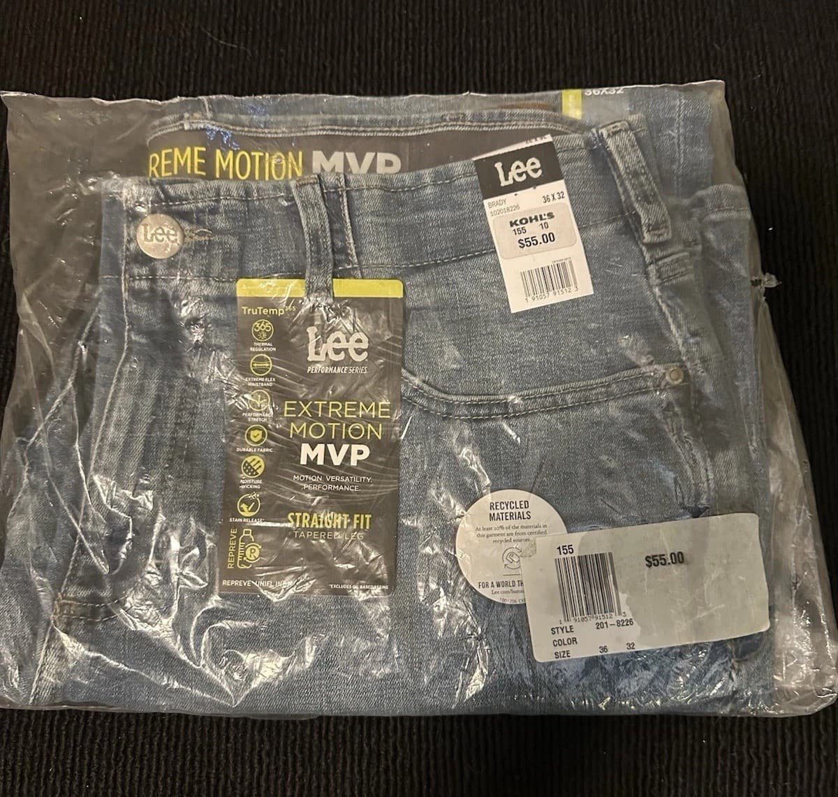 Men's New 36x32 Lee Jeans Blue Extreme Motion MVP Straight-Fit Tapered-Leg