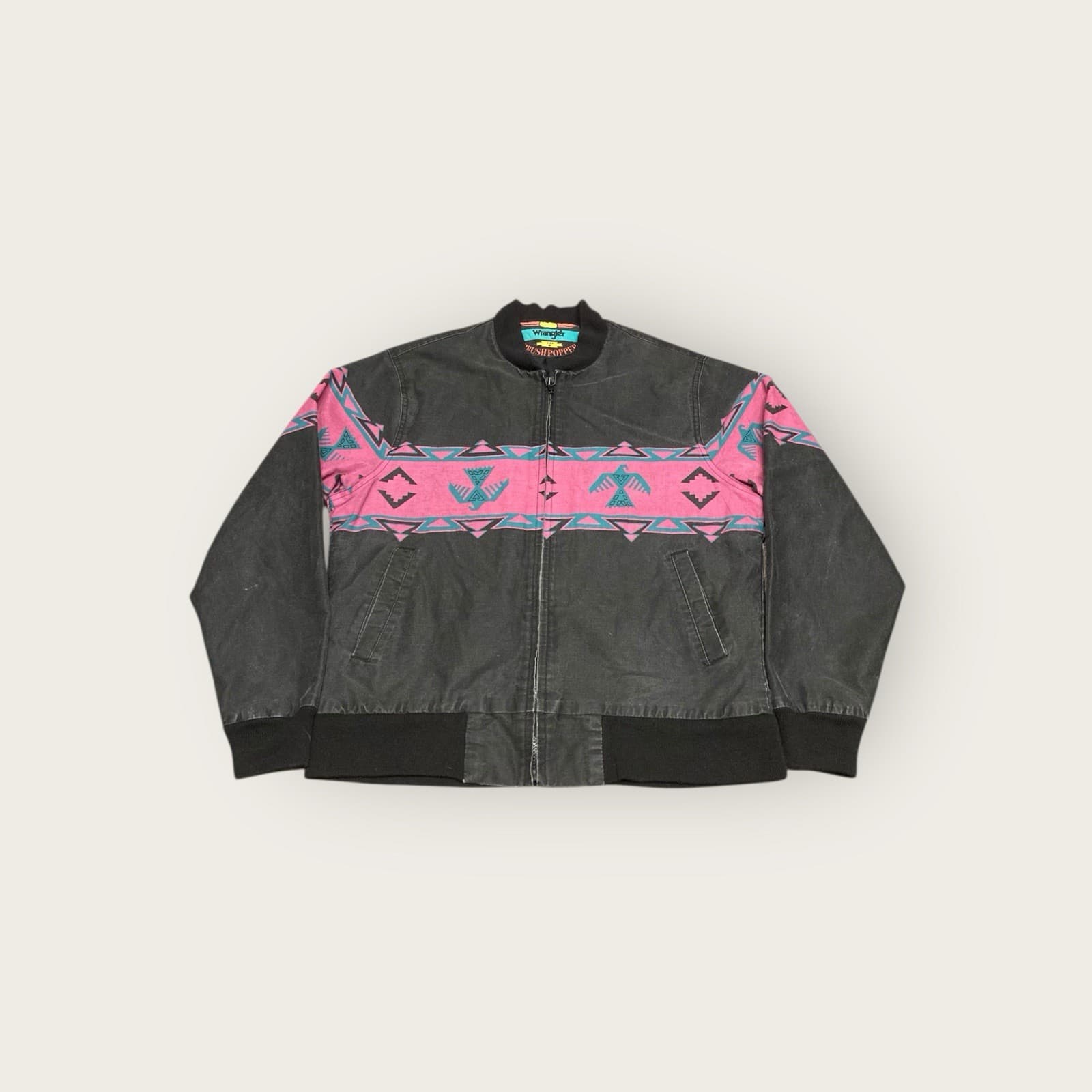 Vintage Wrangler Jacket Mens Medium Black Brushpopper Western Aztec Bomber 90s