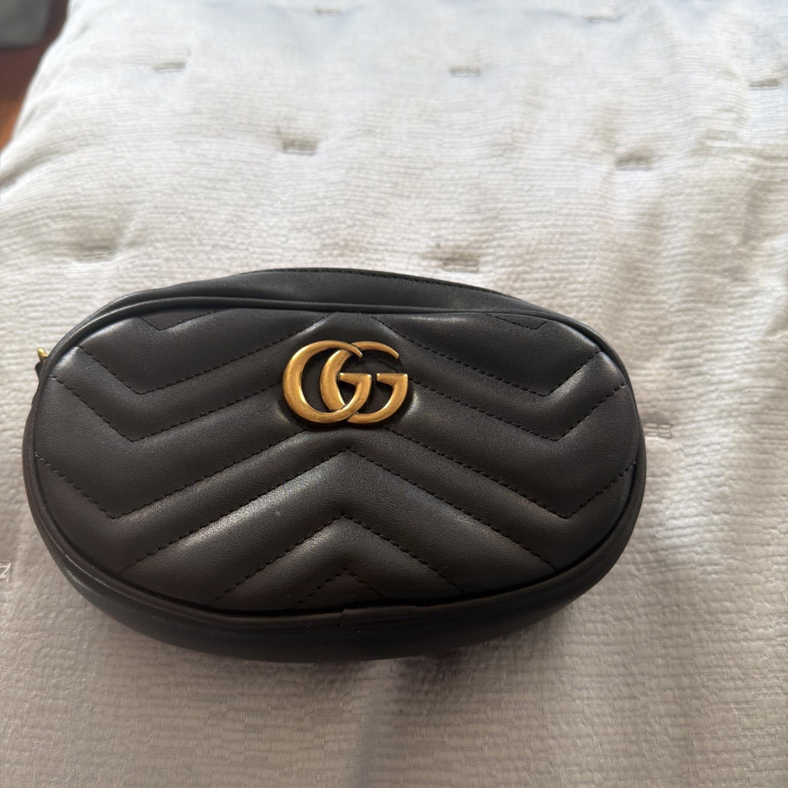 GUCCI Marmont GG Waist Hand Bag Ziplock Leather Black Gold Hardware From Japan