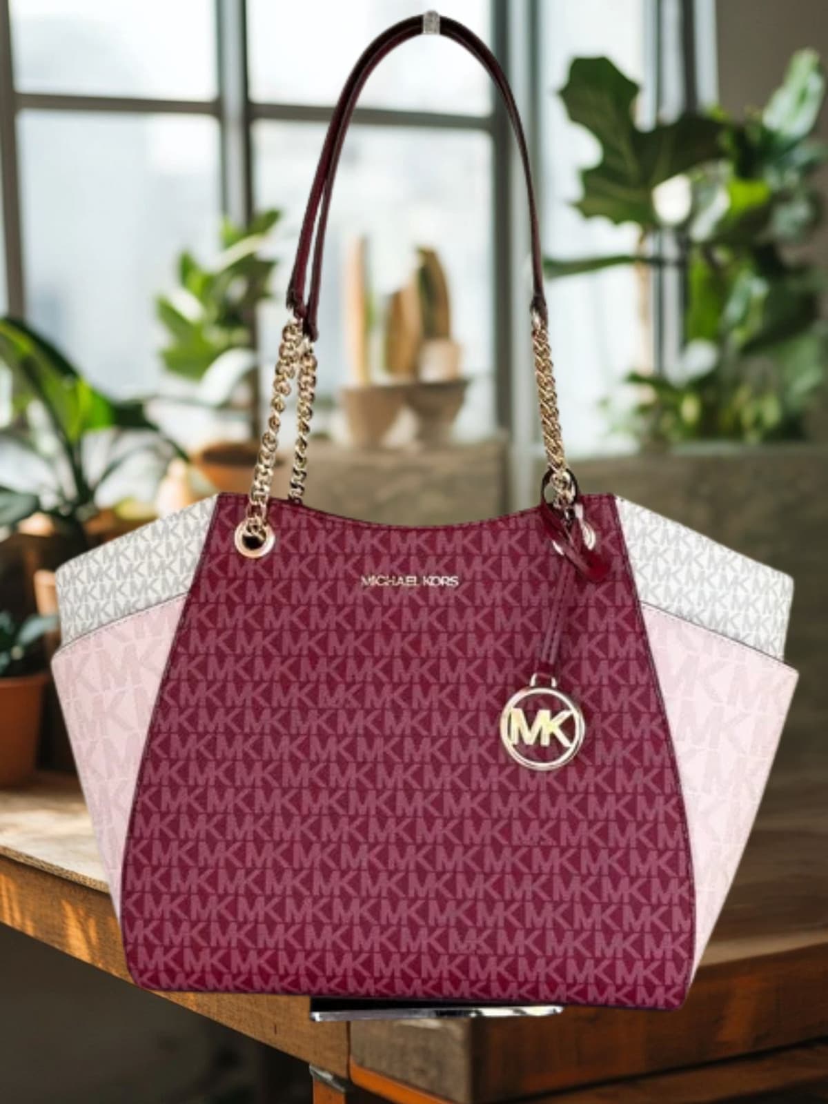 Michael Kors Jet Set Women Large Color-Block MK Logo Chain Tote Bag Cherry Multi