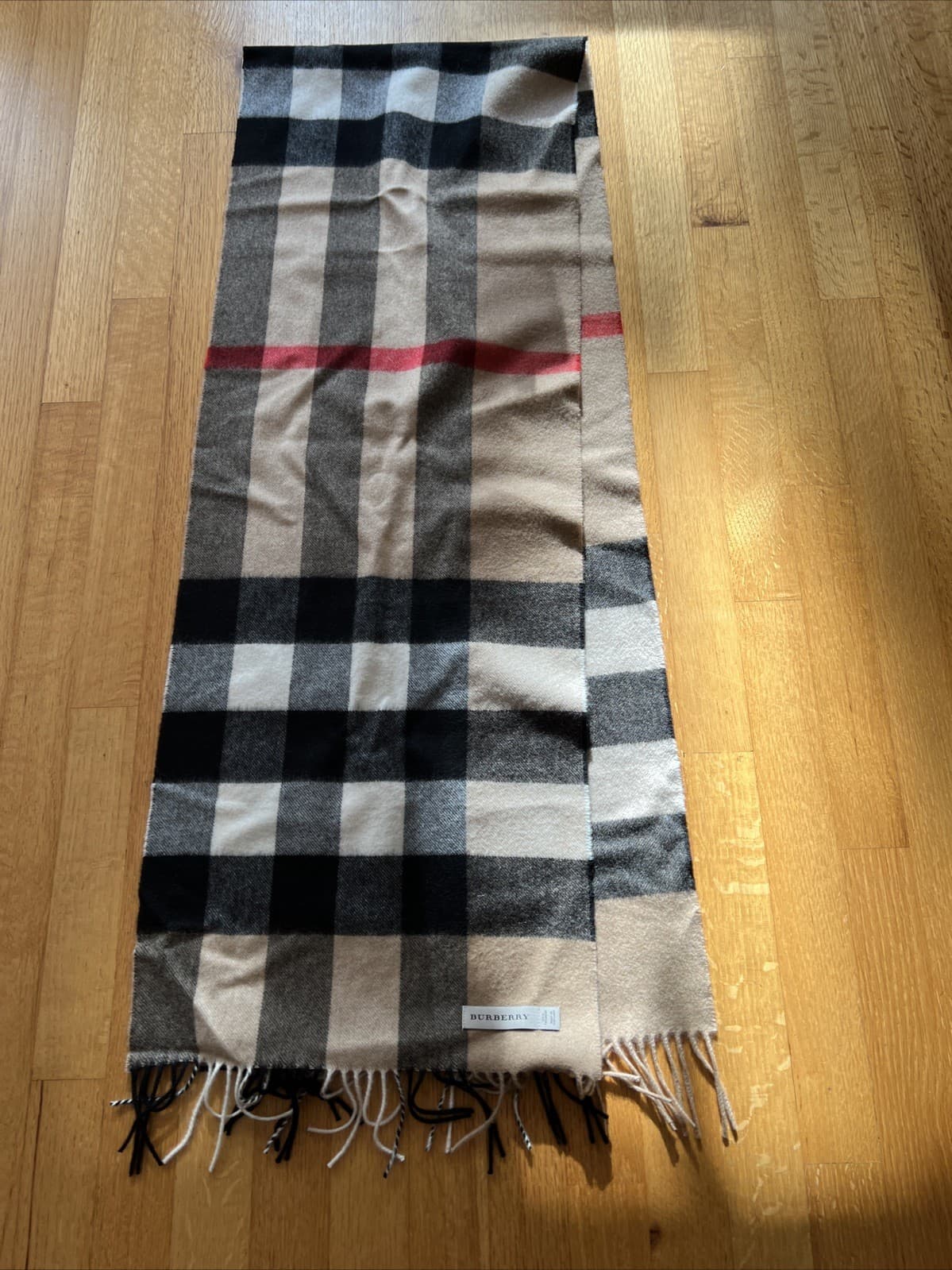 Burberry Scarf 100% Cashmere Check Plaid 78” x14” Scotland New with Tag In Box