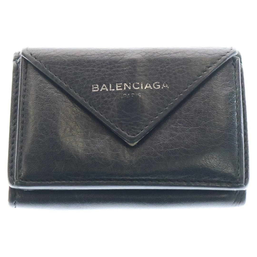 BALENCIAGA Paper Mini Wallet Trifold Wallet Coin Case Black Leather 391446