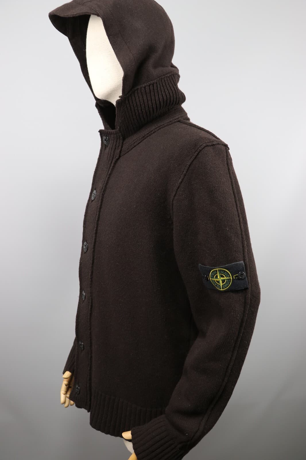 STONE ISLAND Brown Wool Mens Button/Zip Flanel Hooded Knit Sweaters Size XL