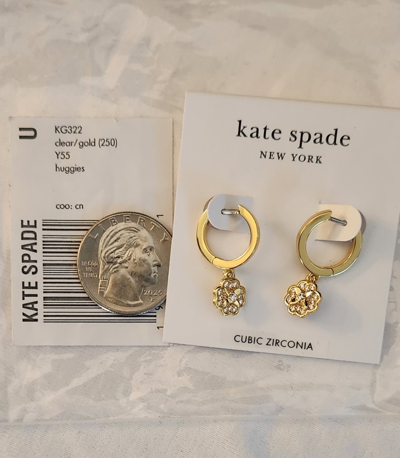 Kate Spade Heritage Bloom Gold Tone Huggie Earrings Clear CZ NWT Free Ship
