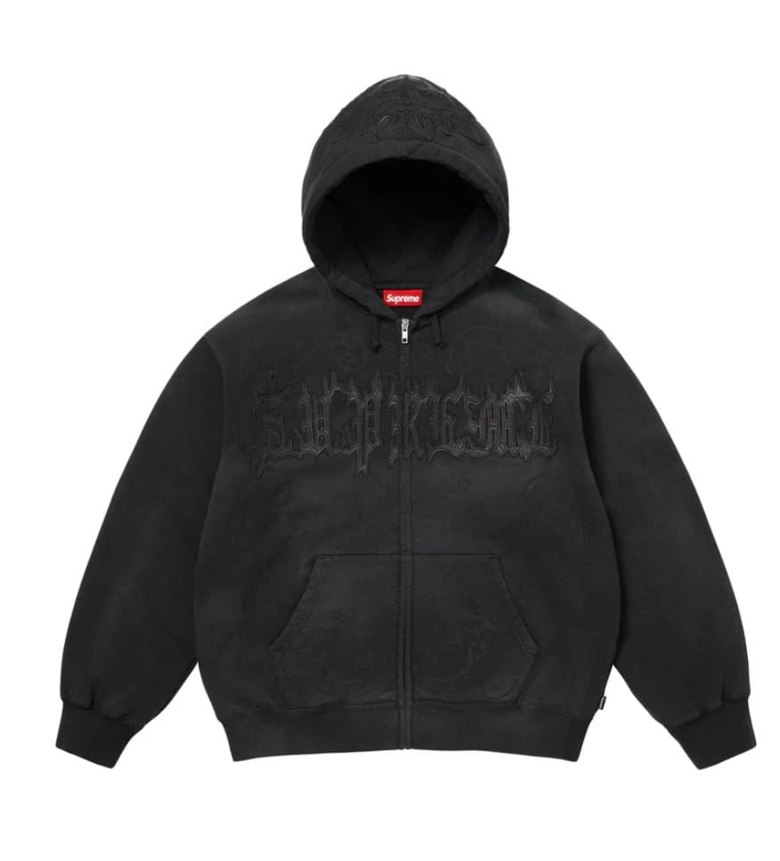 New Supreme Leather Applique Zip Up Hooded Sweatshirt Black Hoodie Mens L