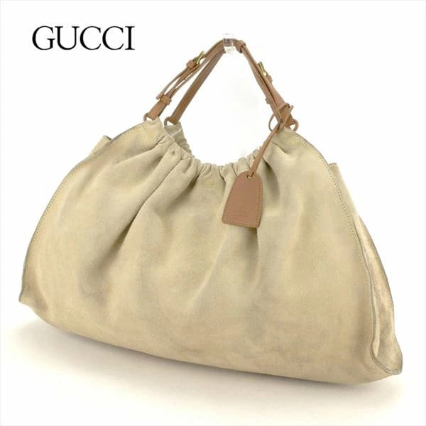 Gucci Beige Brown Suede Tote Bag Gold Accents Used