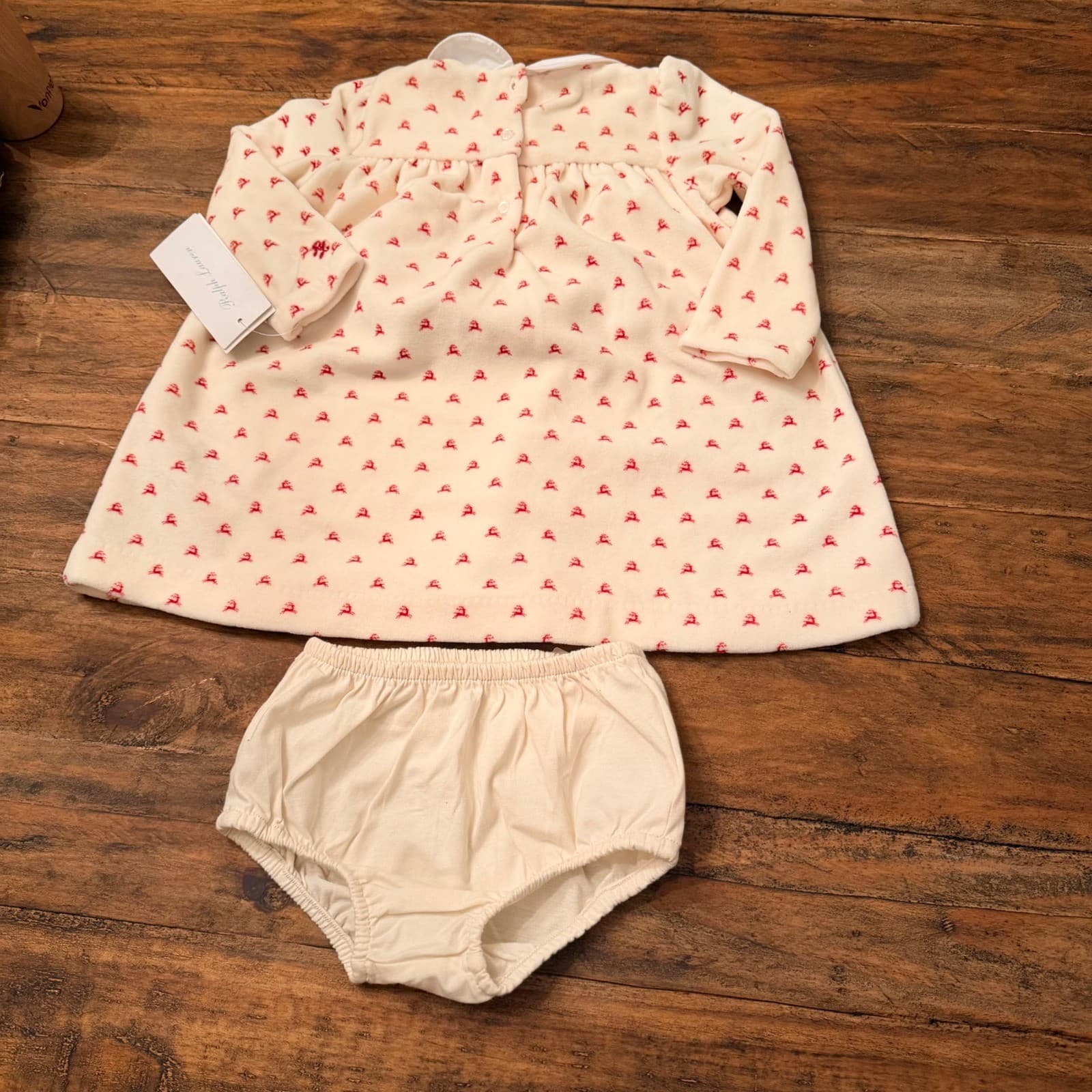 Ralph Lauren Baby Girls Ivory Red Reindeer Velour Dress Bloomer Set 9M Holiday thumbnail 4