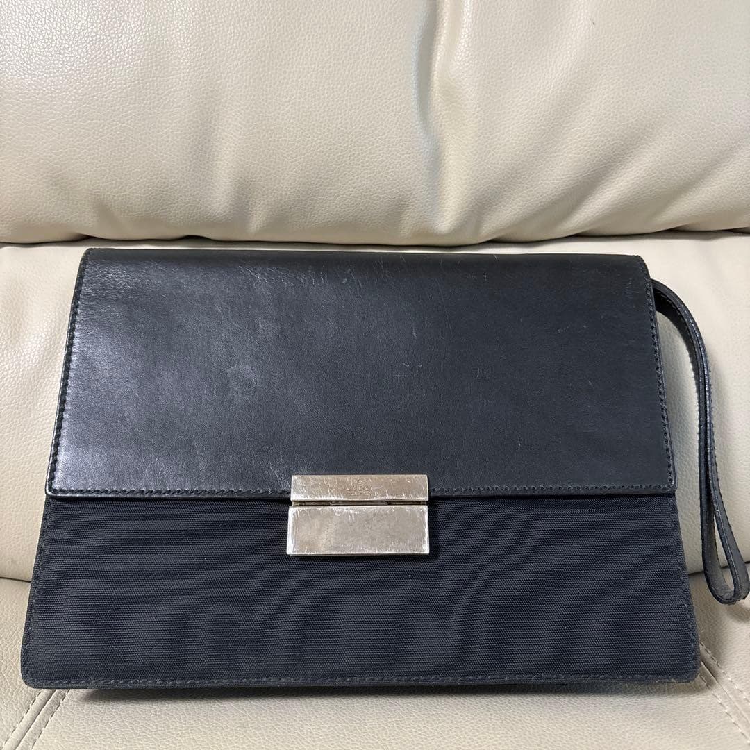 GUCCI Vintage 1990s Clutch Bag Pouch Leather Canvas Black Silver From Japan thumbnail 19