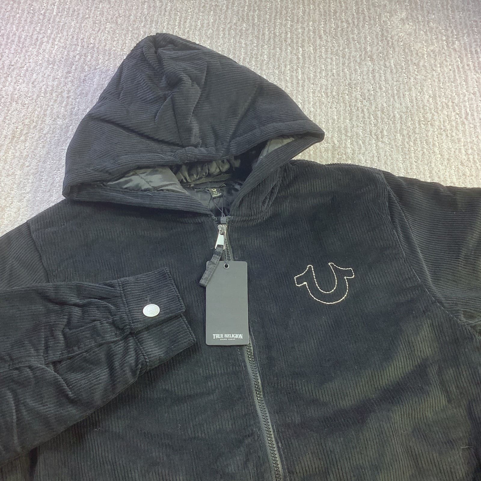 True Religion Mens Vintage Corduroy Jacket Jet Black Hooded Size S NWT