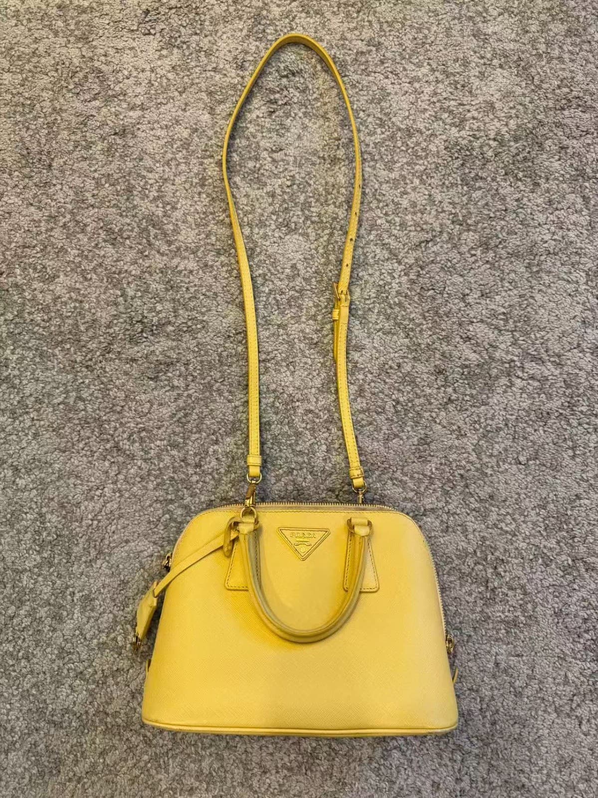 PRADA Saffiano Lux Leather Small Dome Crossbody Bag Yellow Gold Hardware