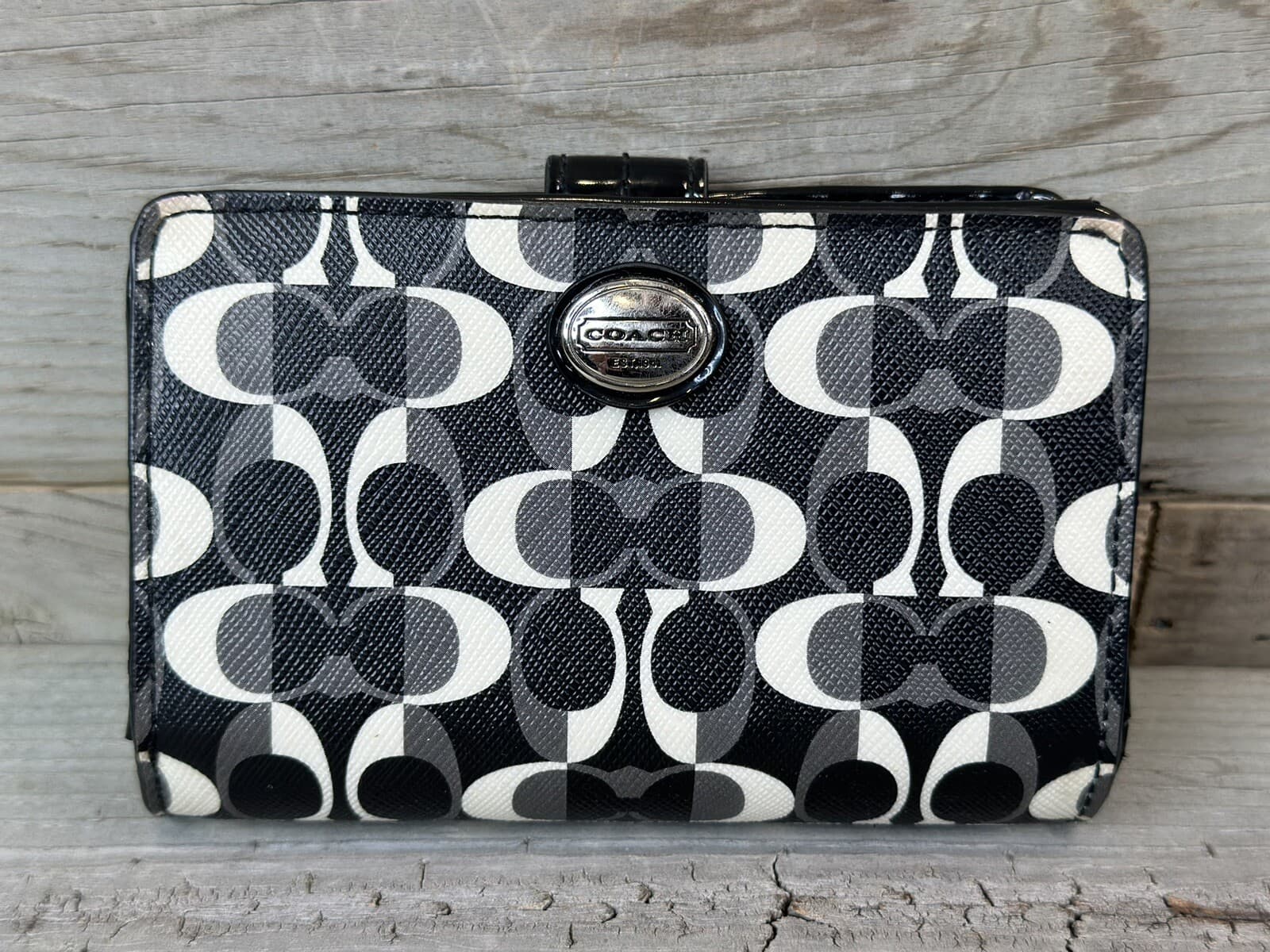 COACH Peyton Dream Signature C Black and White Coated Canvas Small Wallet