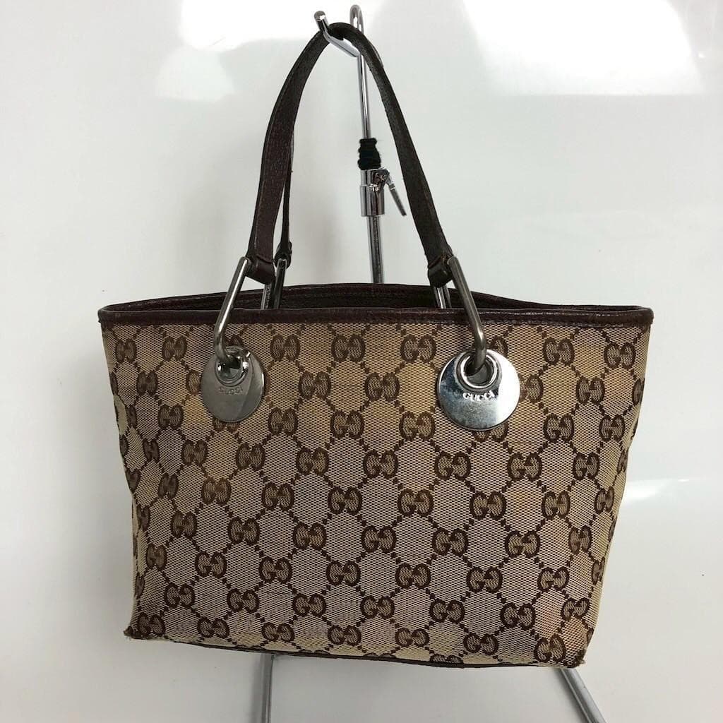 GUCCI GG Hand Bag Leather Brown Beige Silver Hardware Logo From Japan Canvas thumbnail 2