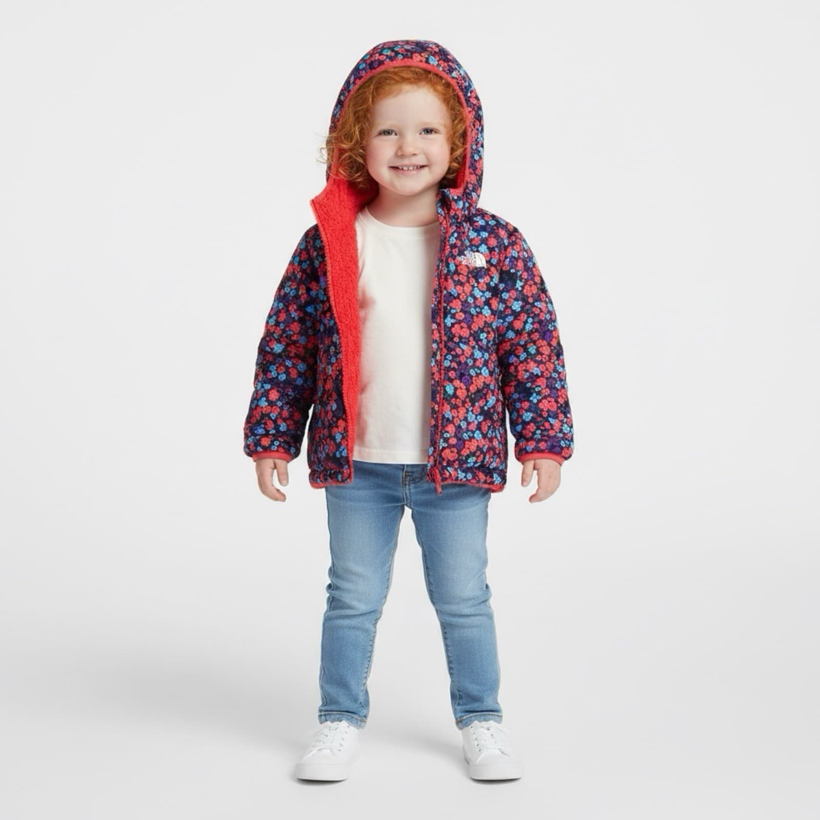 Northface Toddler Reversible Coat Jacket Pink Floral 3T Hood Teddy Sherpa