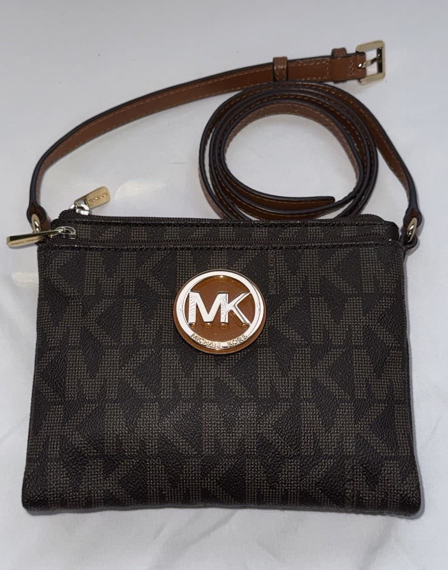 Michael Kors Fulton Purse Brown MK Logo Double Zip Crossbody