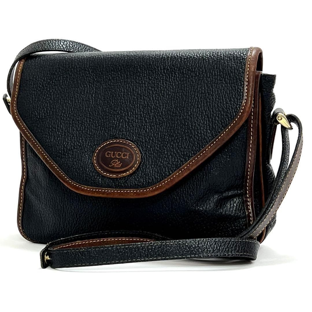 GUCCI Vintage Flap Shoulder Bag Pochette Bag Leather Brown Black Logo From Japan