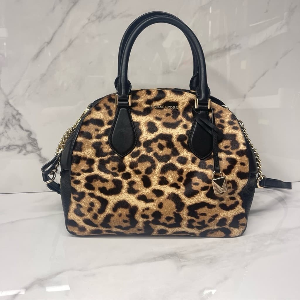 Michael Kors Briar Large Bowling Bag & Wallet Set Butterscotch Calf Hair Cheetah thumbnail 2