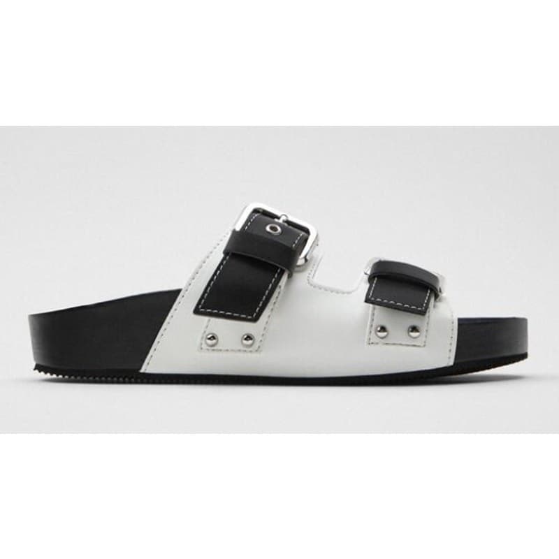 ZARA Double Strap Flat Slides Sandals High Fashion Black Leather Women Size 7.5