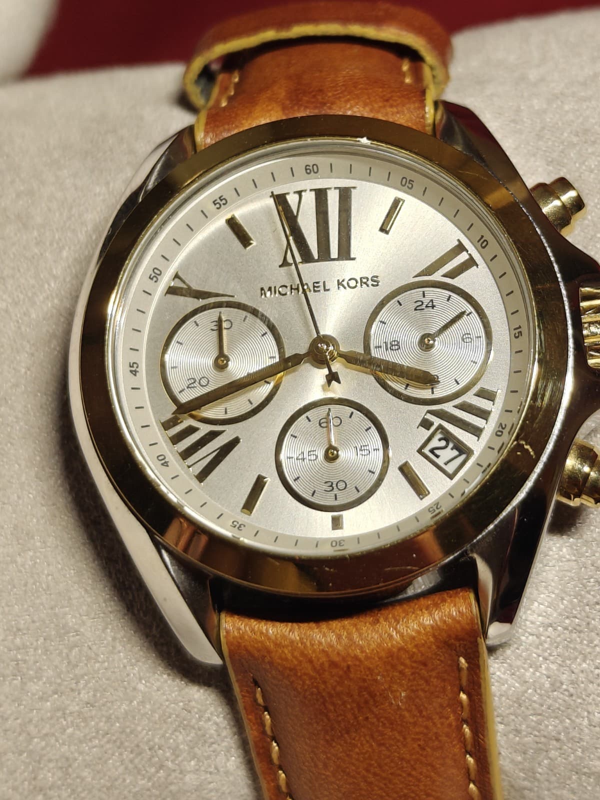 Michael Kors Chronograph Quartz Watch Brown Leather Gold Silver Box thumbnail 4