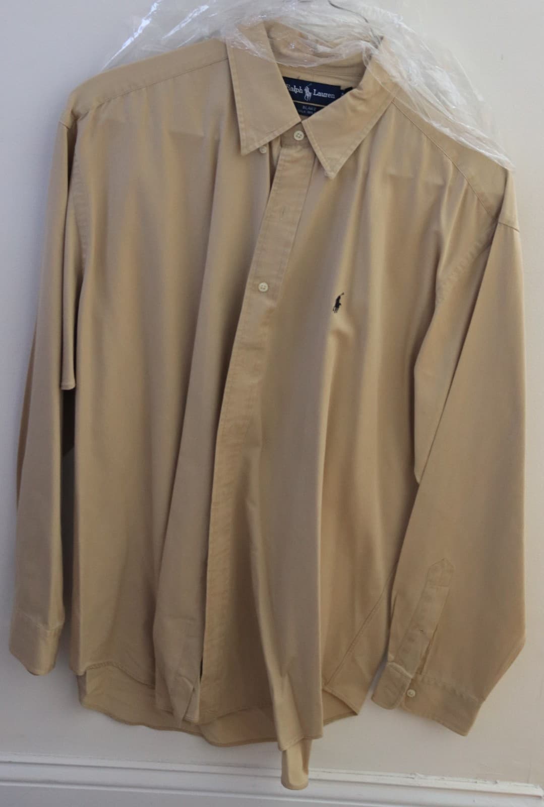 VTG Polo Ralph Lauren BEIGE SILK BLEND Button Down LS- Men's XL Shirt- BLUE PONY