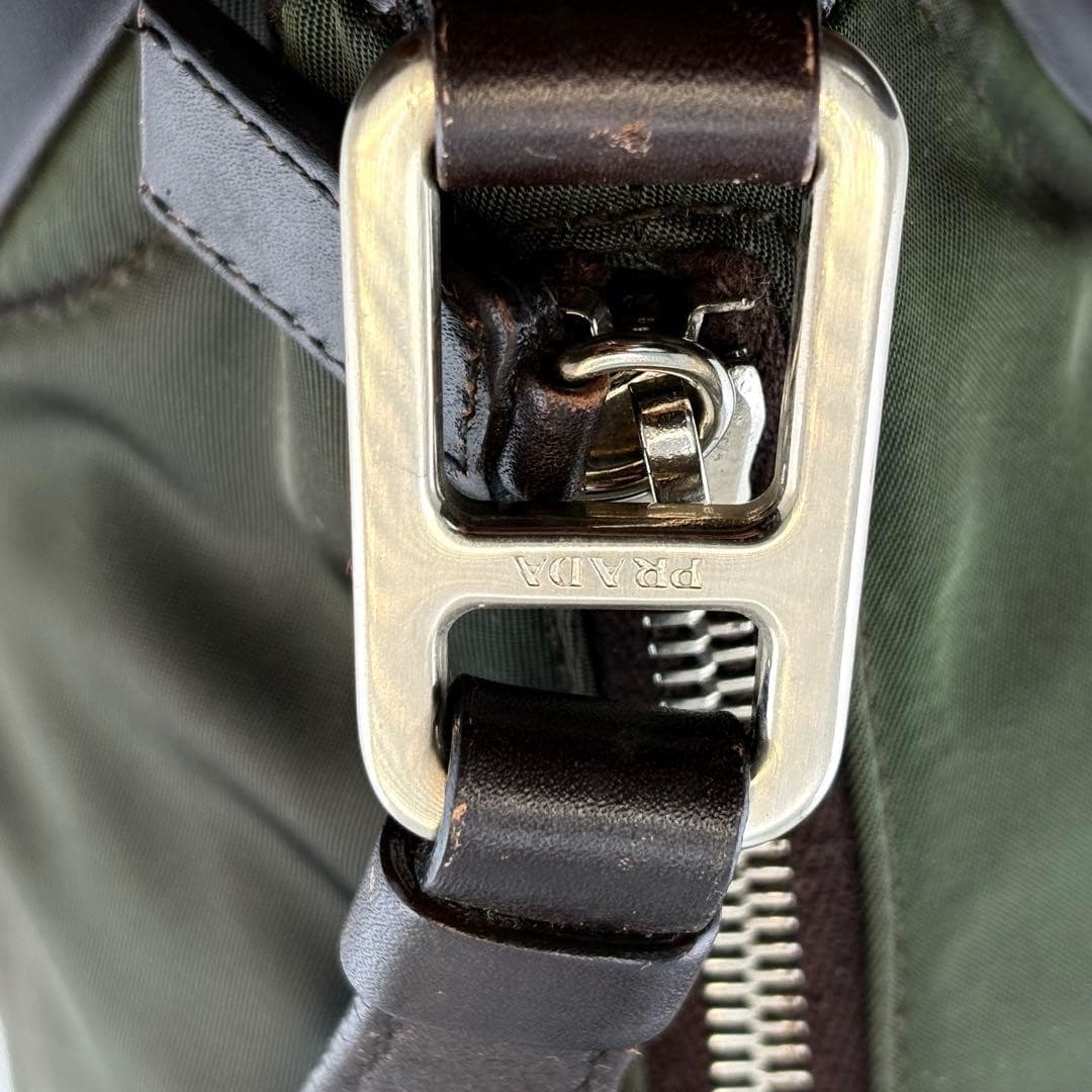 PRADA Khaki Nylon Leather Shoulder Bag Black Silver Small Solid Zip Fashion thumbnail 12