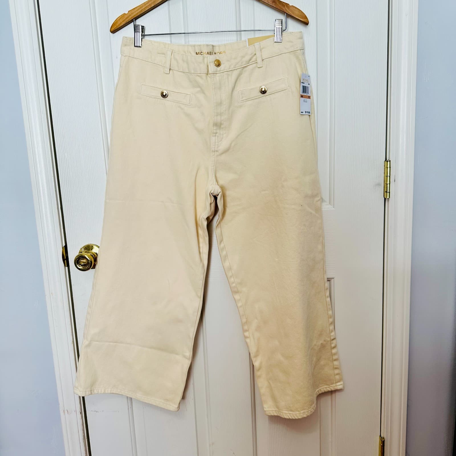 MICHAEL KORS SELMA CROP WIDE LEG HIGH RISE BONE BEIGE DENIM PANTS SZ 12 $110