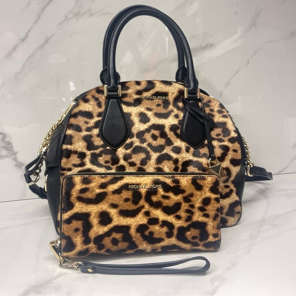 Michael Kors Briar Large Bowling Bag & Wallet Set Butterscotch Calf Hair Cheetah