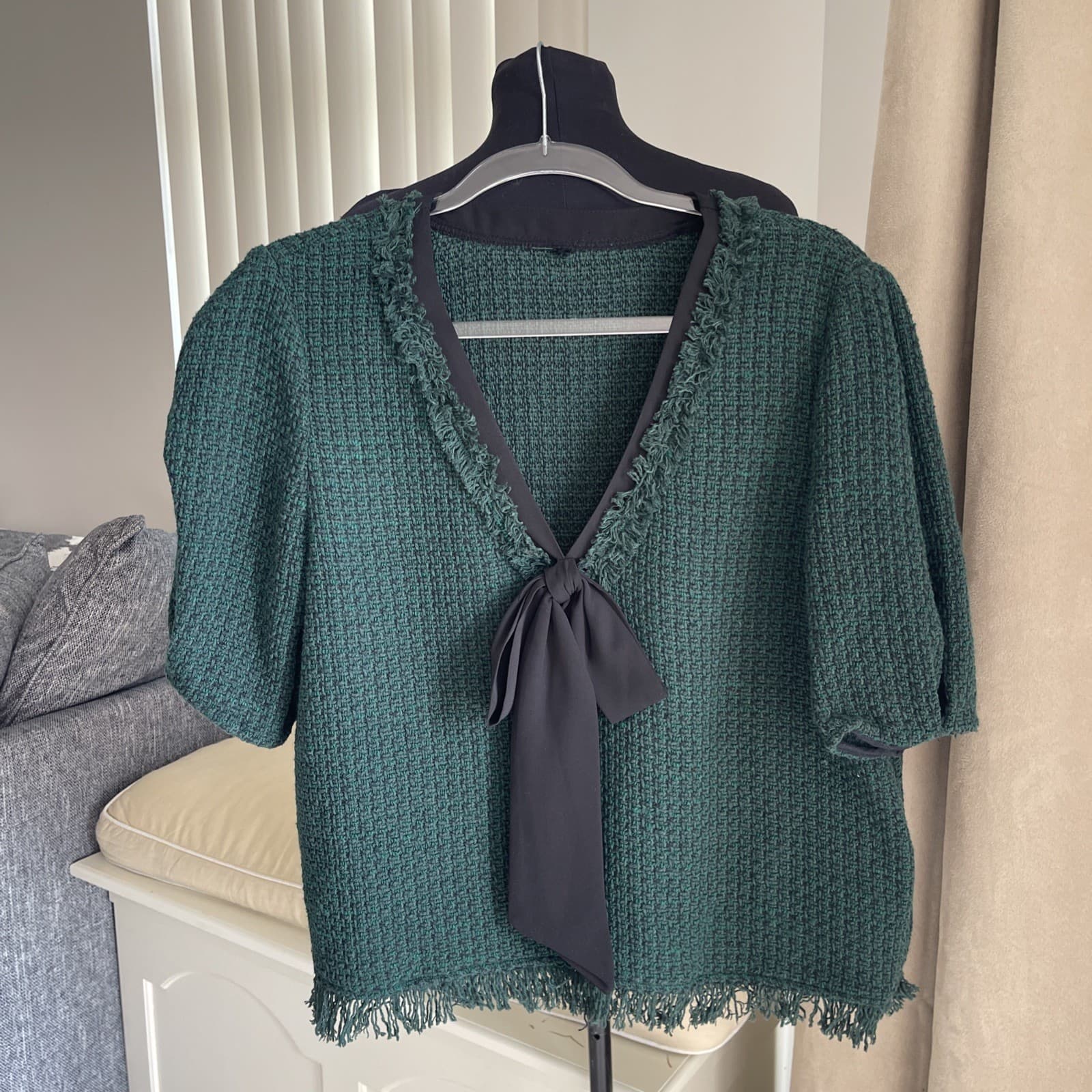 Zara Green Tweed Short Sleeve Blouse With black ribbon v neck frayed hem M