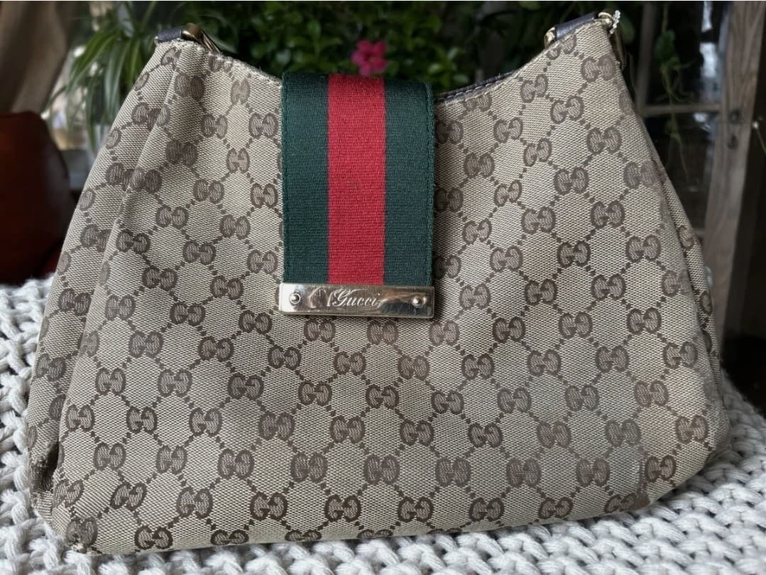 Gucci Auth GG Large Brown Beige Canvas Leather Hobo Bag