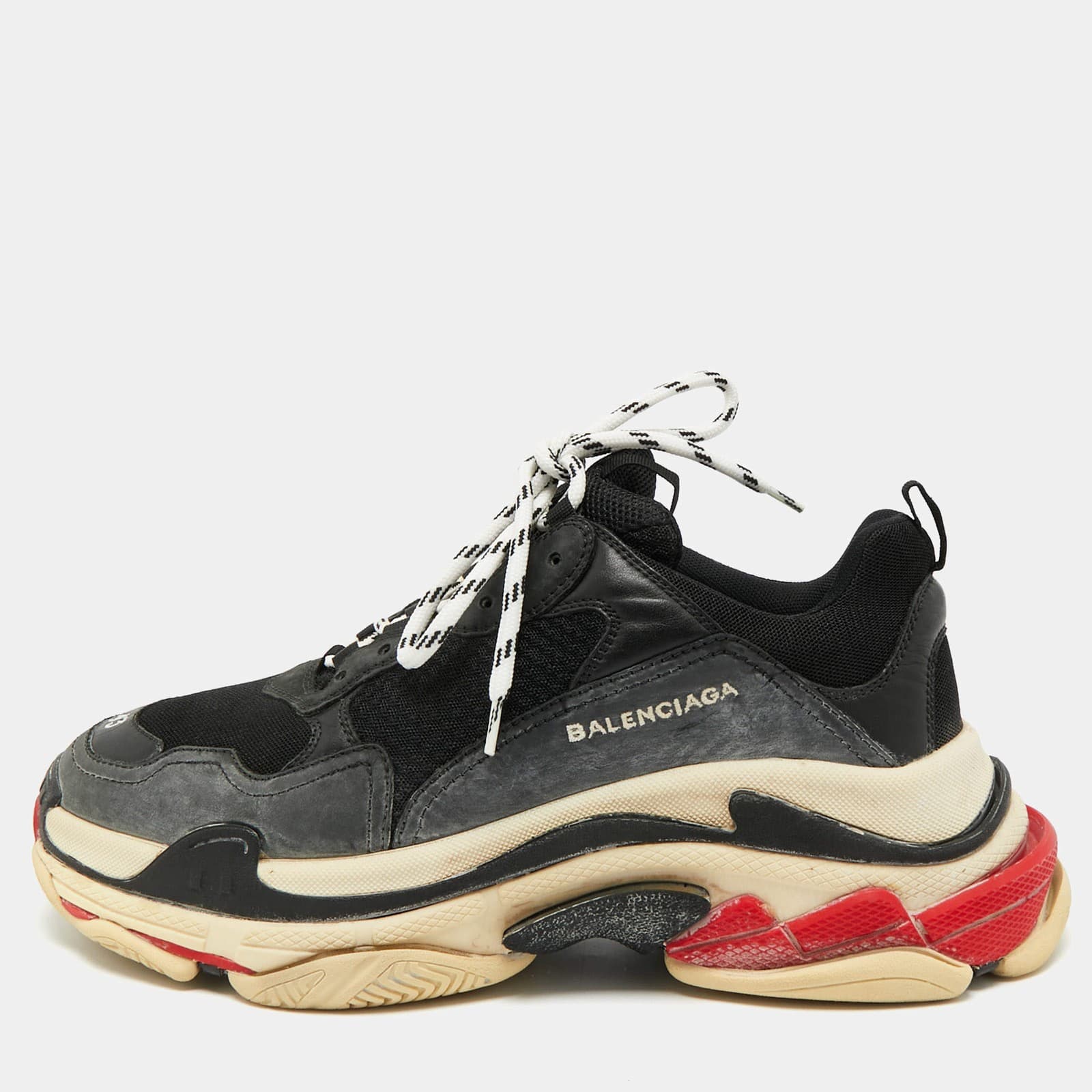 Balenciaga Triple S Size 43 Black Faux Leather and Mesh Lace Up Sneakers