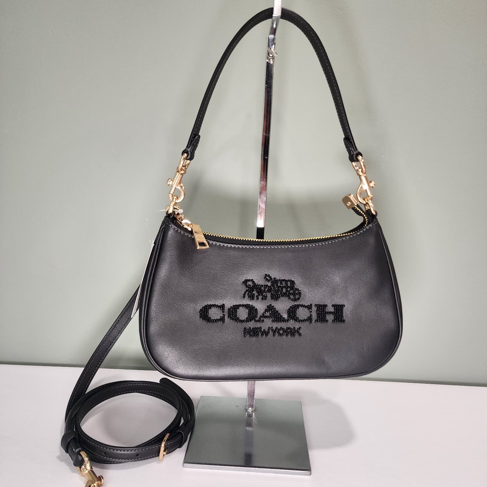 NWT COACH CCE86 Teri Shoulder Bag With Beaded Coach Graphic Smooth Leather Black