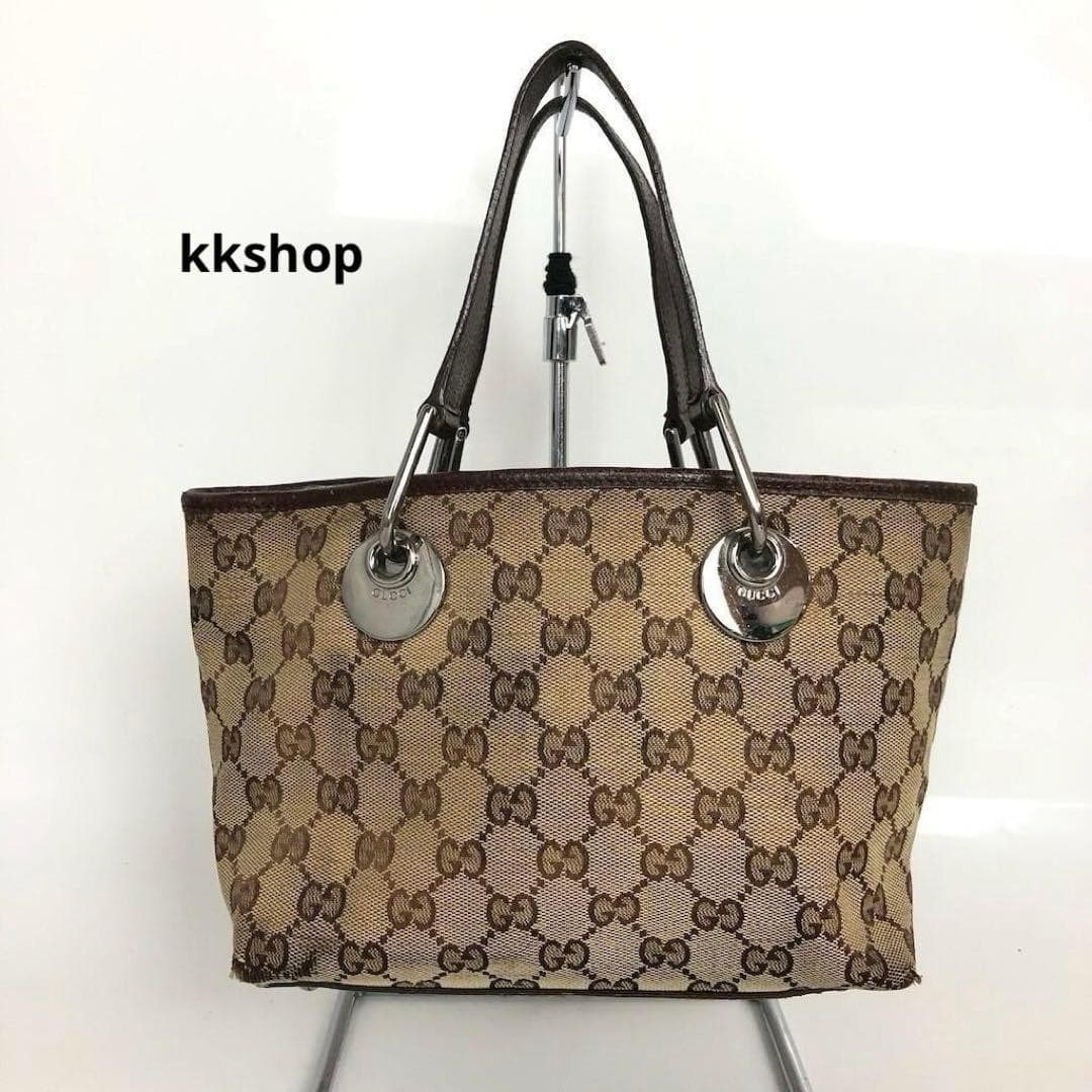 GUCCI GG Hand Bag Leather Brown Beige Silver Hardware Logo From Japan Canvas thumbnail 23
