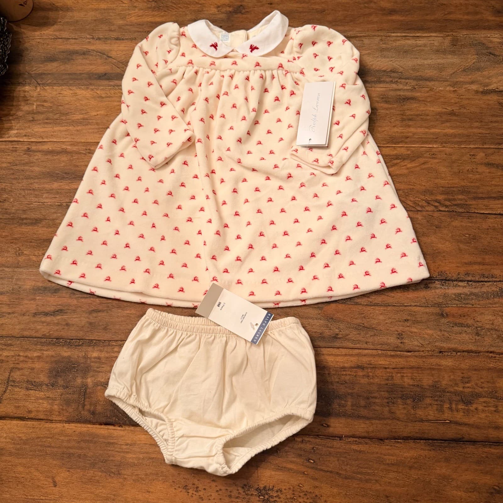 Ralph Lauren Baby Girls Ivory Red Reindeer Velour Dress Bloomer Set 9M Holiday