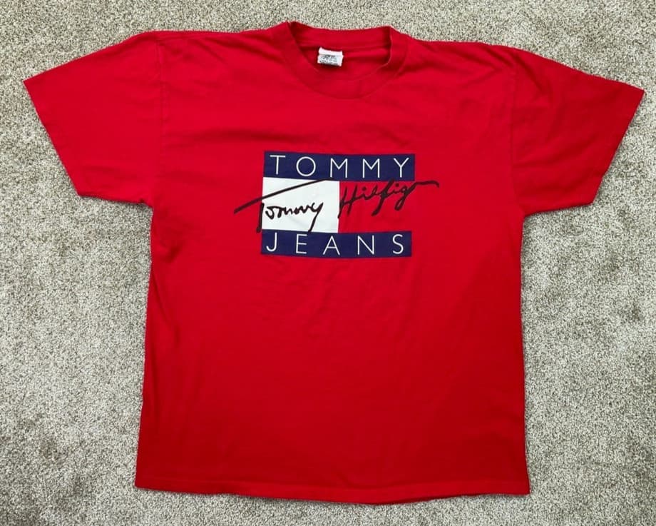 Tommy Hilfiger Jeans Shirt Mens Extra Large Red Spellout Logo VTG 90's Made USA