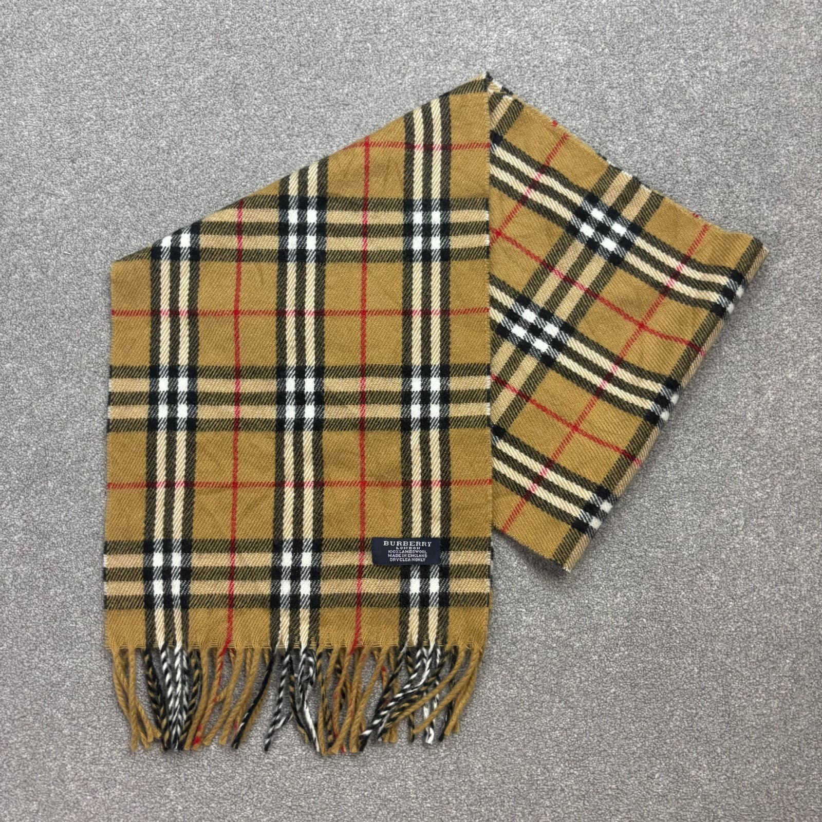 Burberry London Scarf 56x12 Inches Beige Nova Check 100% Lambswool Made England