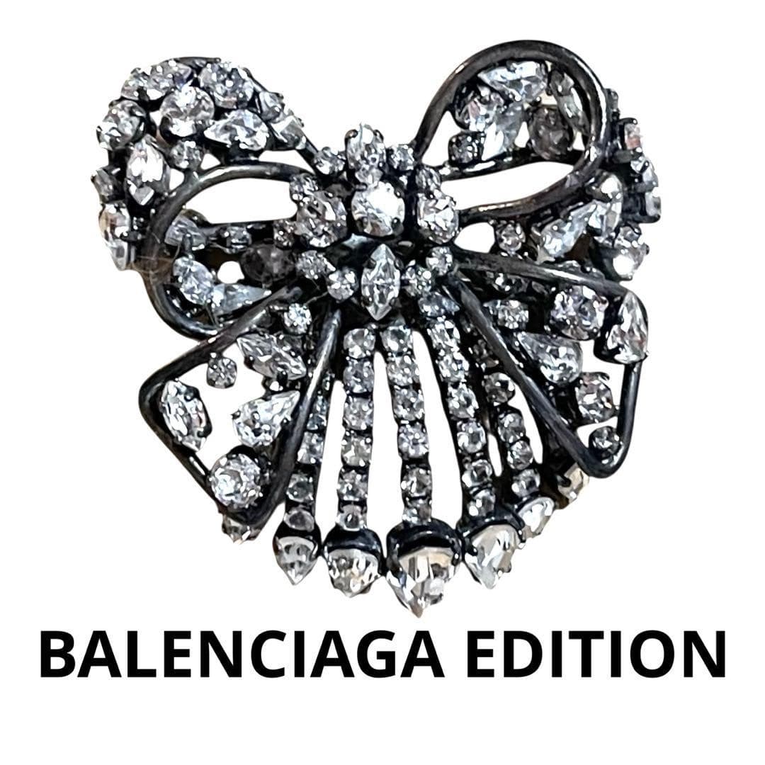 Balenciaga Edition Crystal Ribbon Rhinestone Brooch Vintage Silver Tone Jewelry