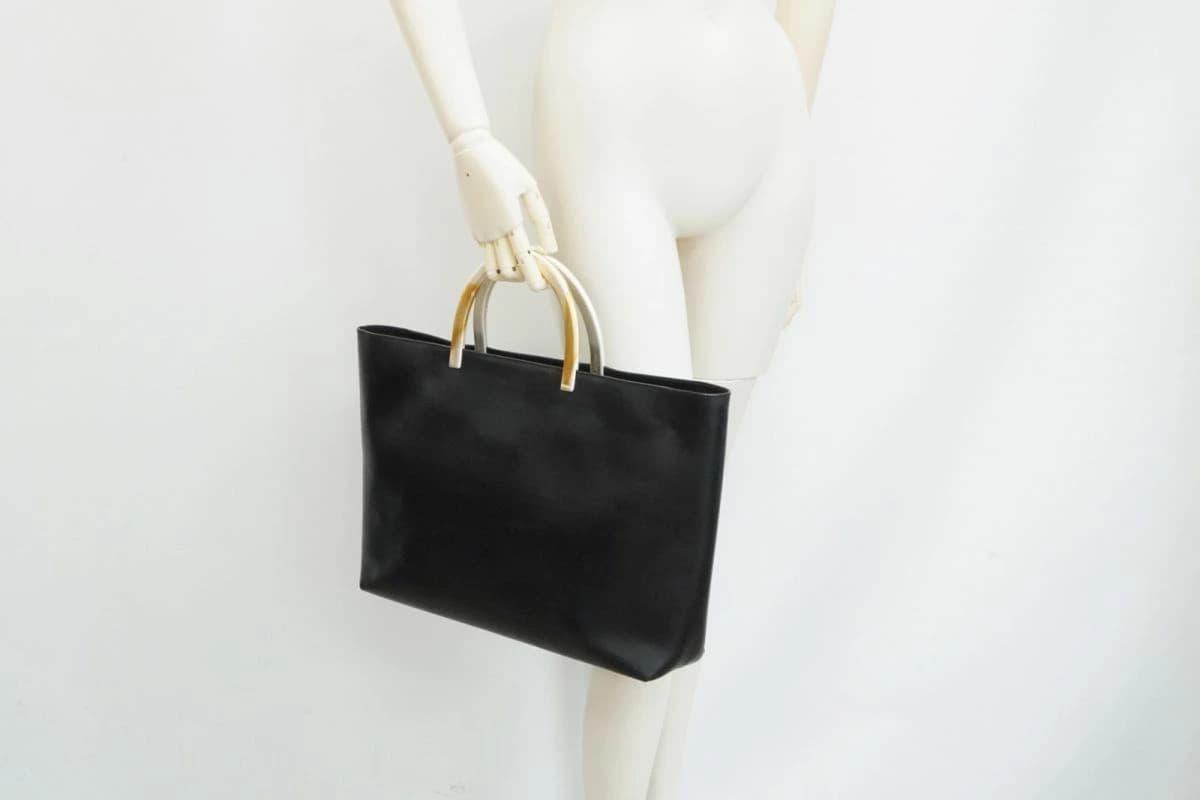 Prada Metal Handle Leather Tote Bag Black Vintage Authentic thumbnail 2