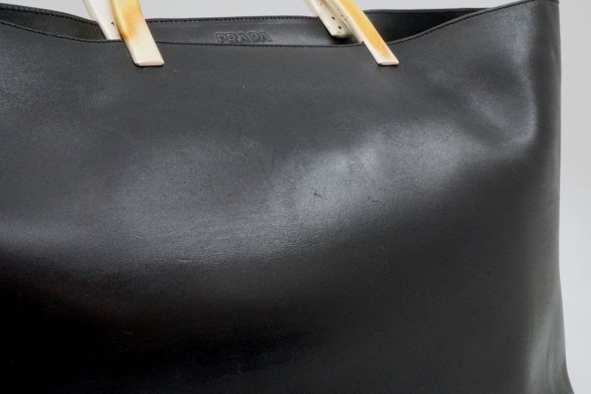 Prada Metal Handle Leather Tote Bag Black Vintage Authentic thumbnail 6