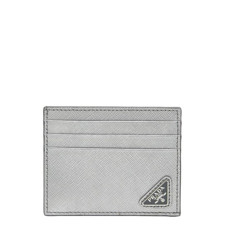Prada Triangular Logo Plate Silver Leather Card Case Vintage Authentic
