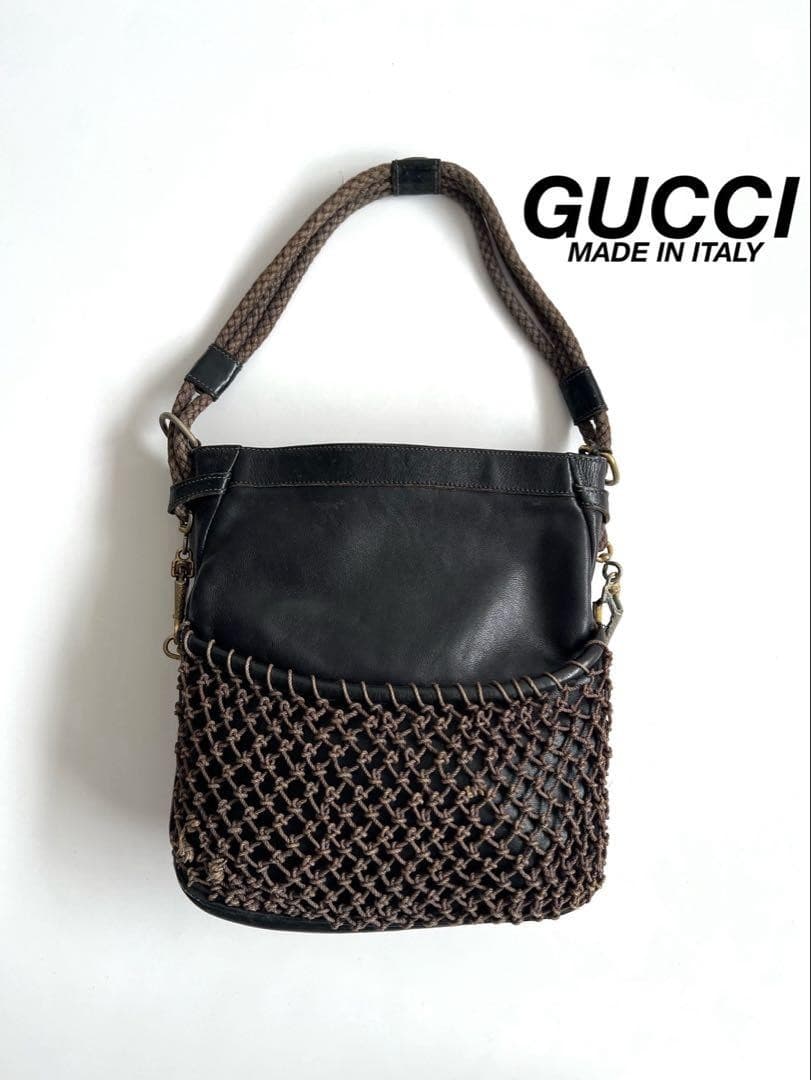 GUCCI Fish Net Shoulder Bag Leather Black Gold Hardware Vintage Logo From Japan