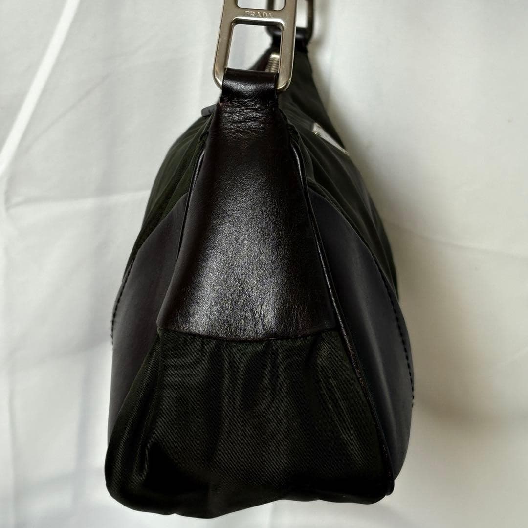 PRADA Khaki Nylon Leather Shoulder Bag Black Silver Small Solid Zip Fashion thumbnail 5
