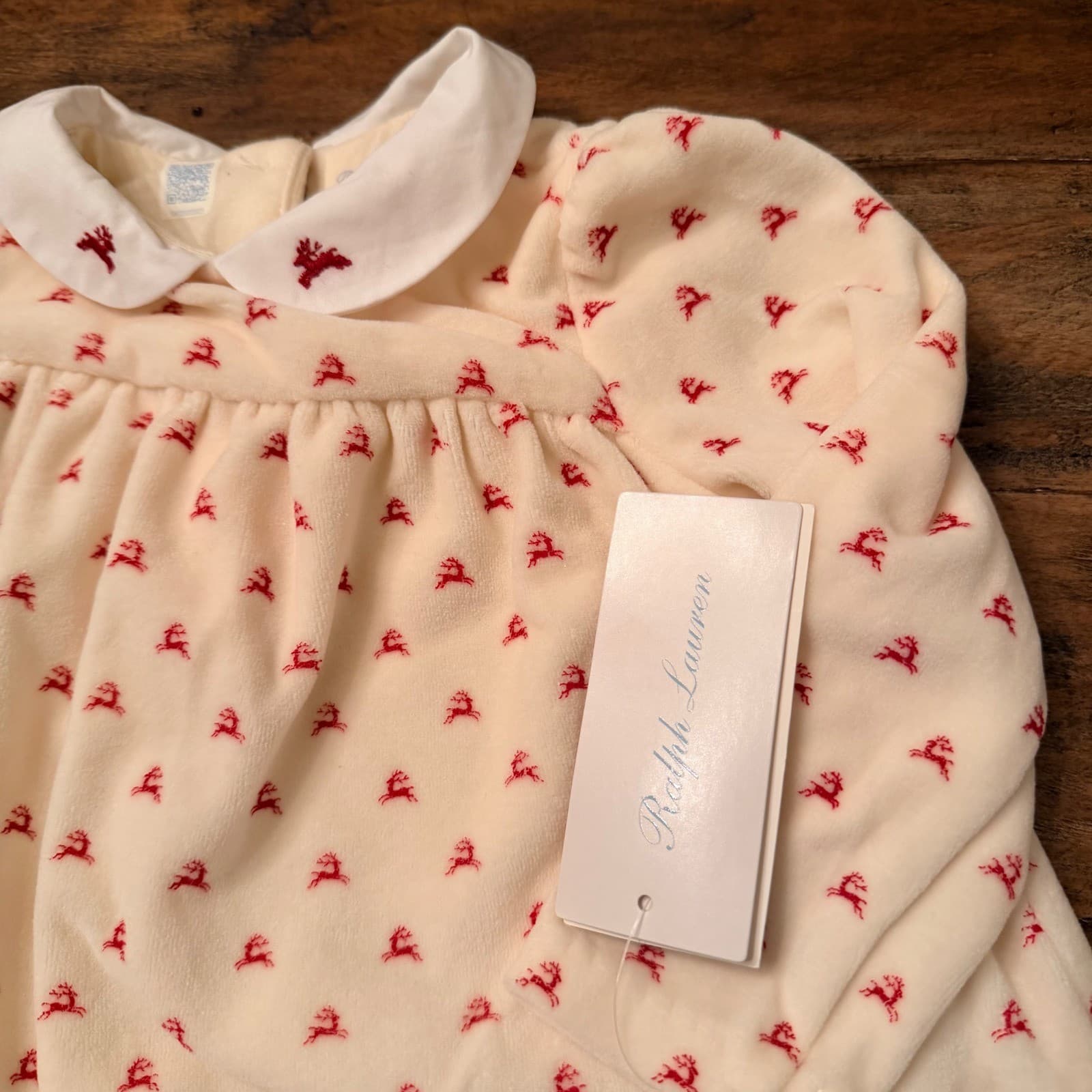 Ralph Lauren Baby Girls Ivory Red Reindeer Velour Dress Bloomer Set 9M Holiday thumbnail 3