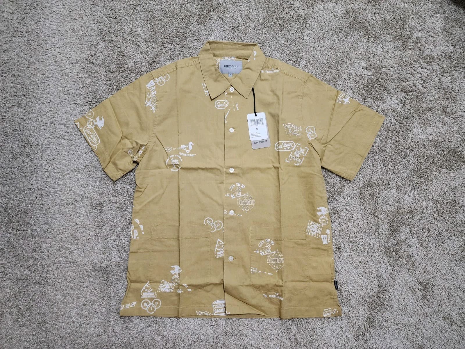 Carhartt WIP Yellow Stamp Short Sleeve Button Down Shirt Cotton Linen Small NWT