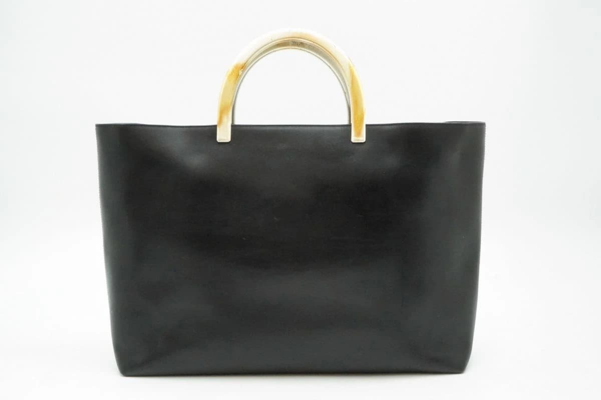 Prada Metal Handle Leather Tote Bag Black Vintage Authentic
