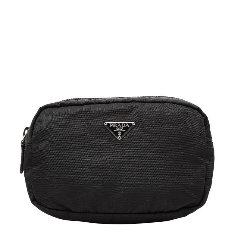Prada Triangular Logo Plate Black Nylon Leather Pouch Vintage Authentic