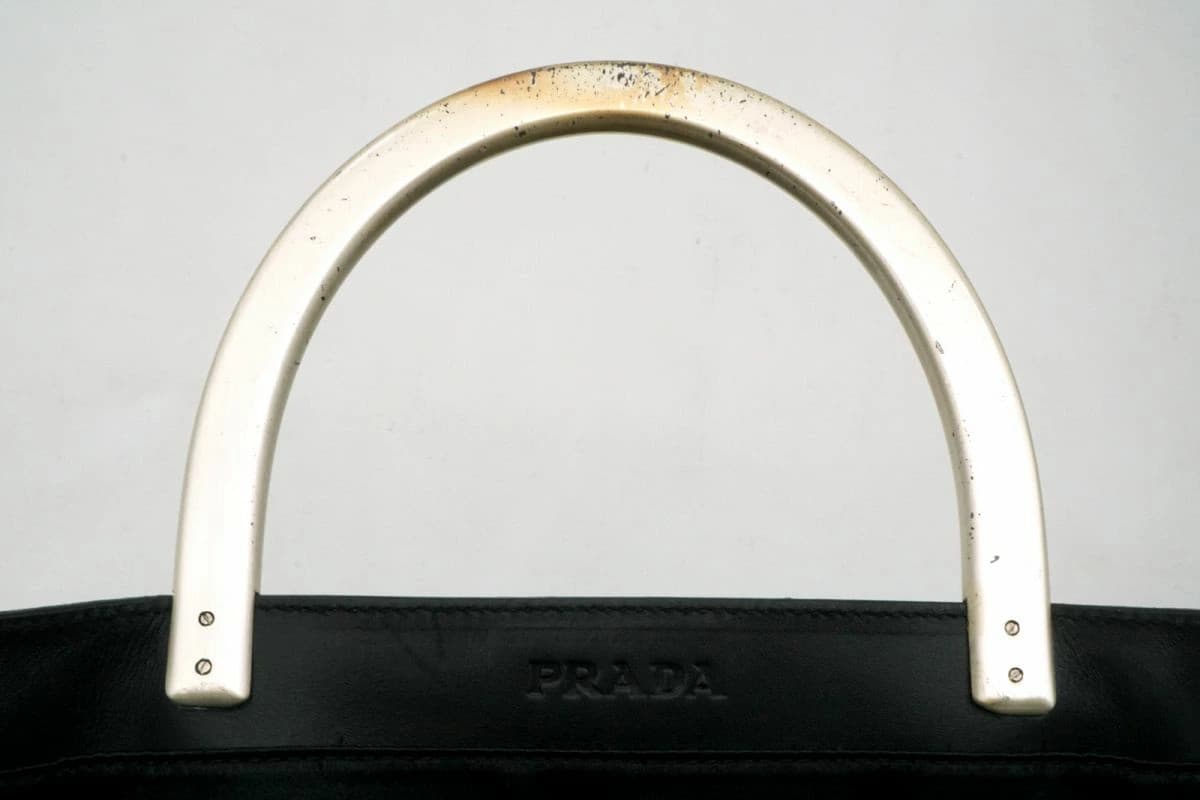 Prada Metal Handle Leather Tote Bag Black Vintage Authentic thumbnail 7