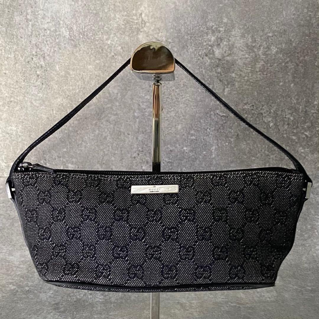 GUCCI 07198.2123 GG Canvas Denim Accessory Pouch Leather Black LogoFrom Japan thumbnail 3