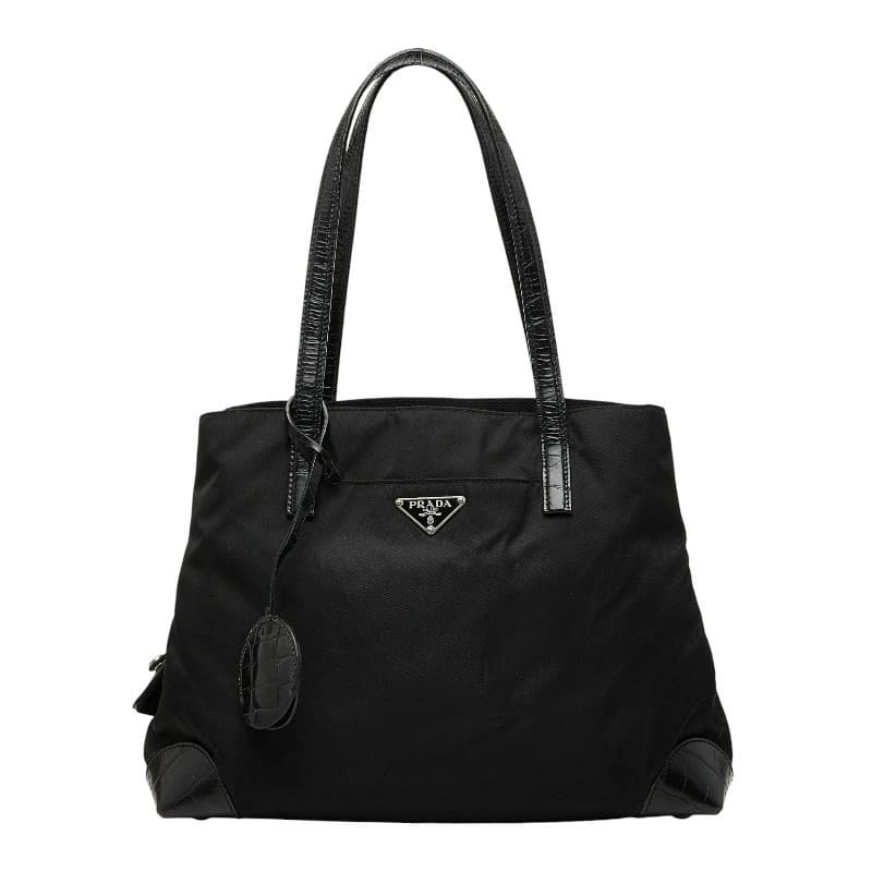 Prada Triangle Logo Plate Tote Bag Black Nylon Leather Vintage Authentic