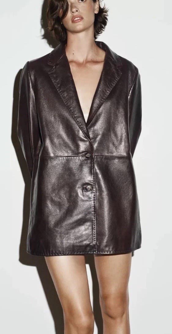 Zara 100% LEATHER TOPSTITCHING COAT BLAZER JACKET BURGUNDY size M 5601/799 £229 thumbnail 6